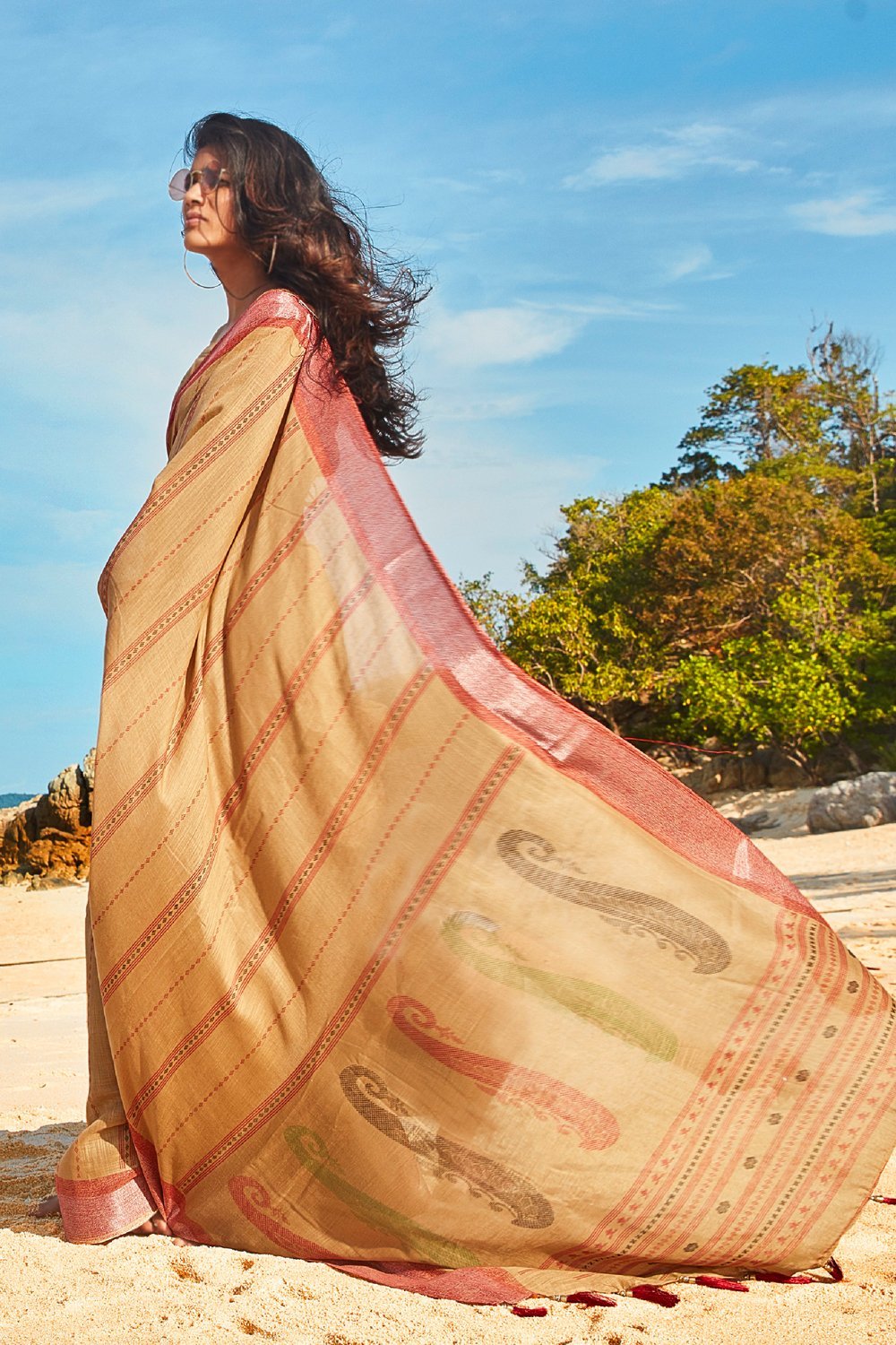 RUST BEIGE PRINTED SOFT COTTON LINEN OFFICE WEAR SAREE