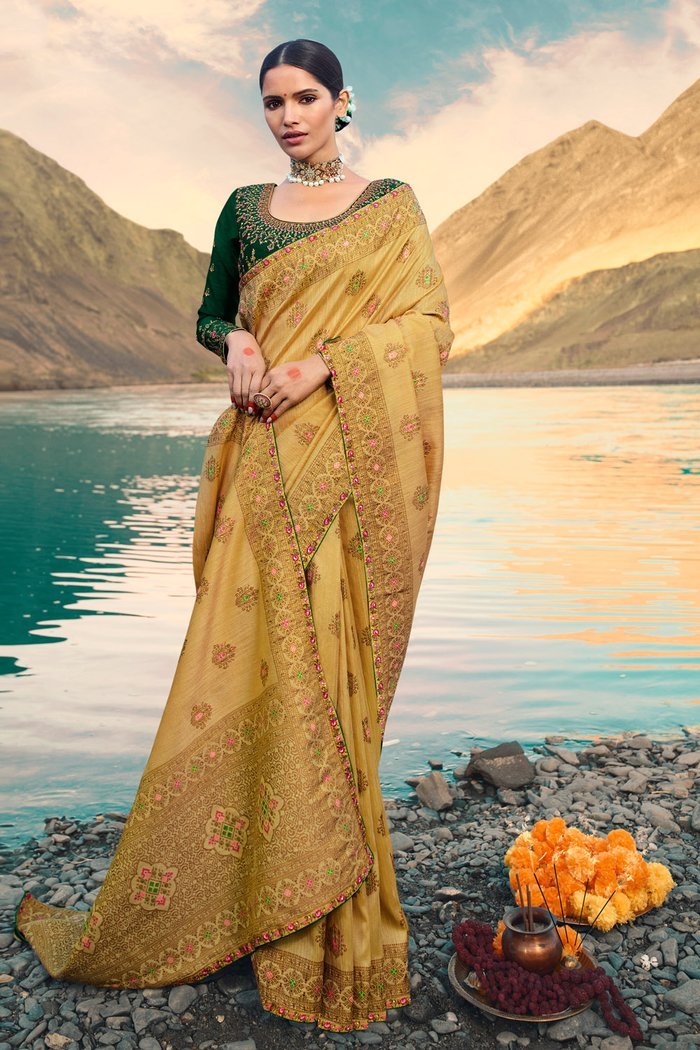 GOLDEN BEIGE DESIGNER SAREE WITH EMBROIDERED SILK BLOUSE - WOVEN FUSION OF BANARASI & RAW SILK