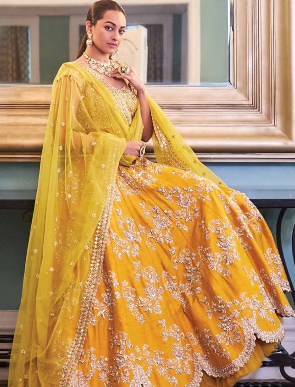 Sonakshi Sinha Celebrity Wear Bollywood Inspired Yellow Silk Lehenga Choli