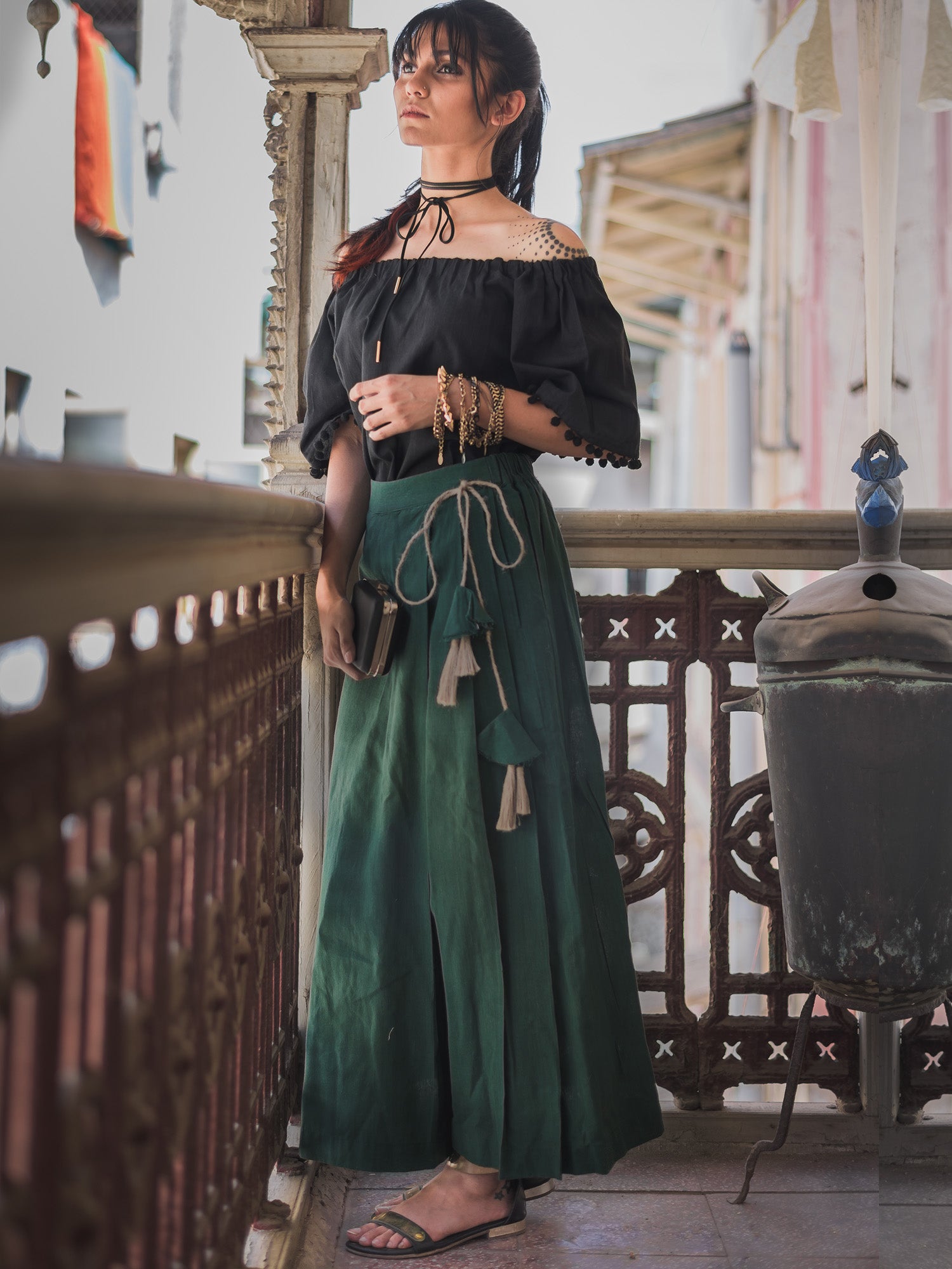 FANTASY GREEN ONE SIDE PLEATED SKIRT PANT COMBO WITH JUTE HANGINGS