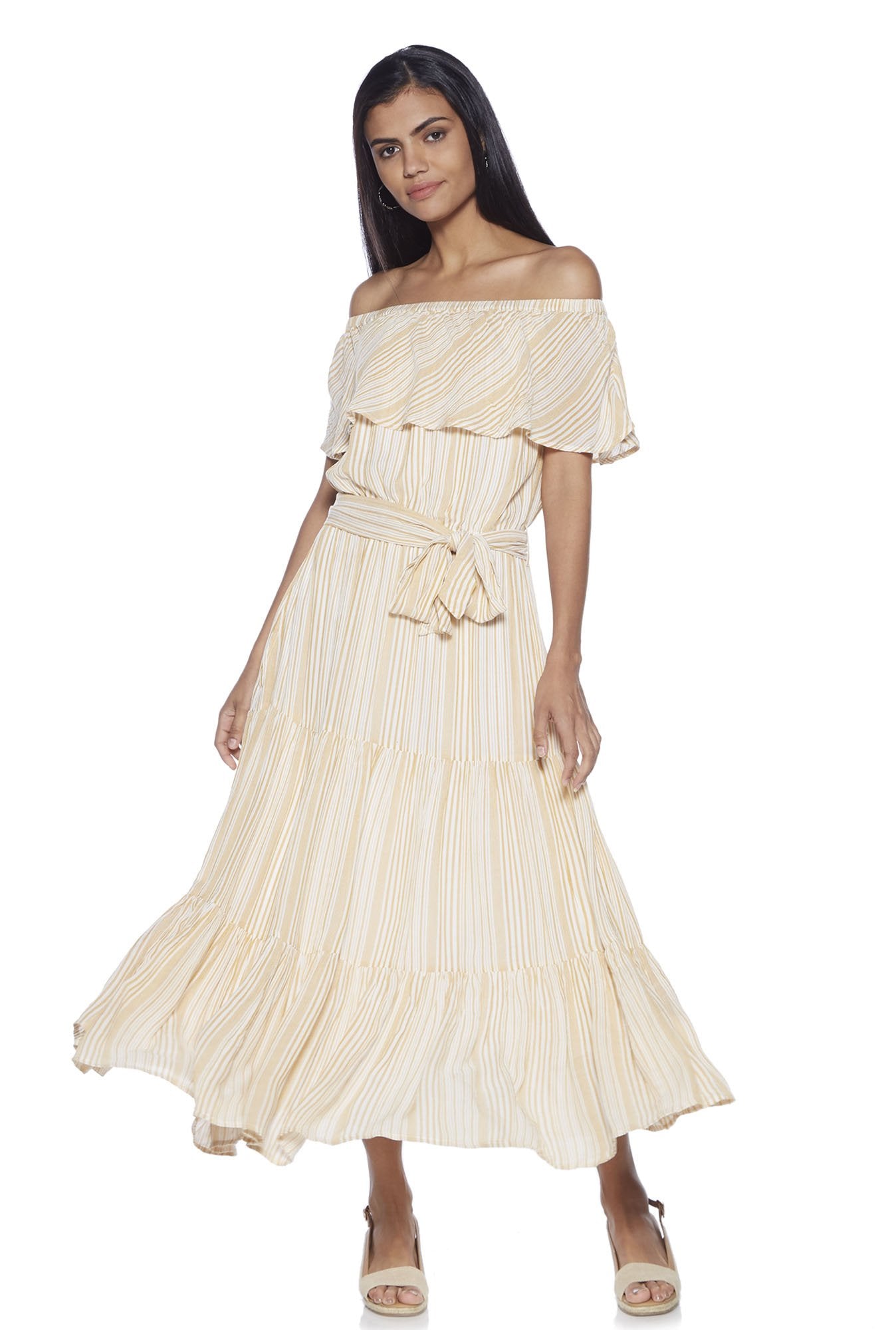 Mustard Shimmy Off-Shoulder Dress