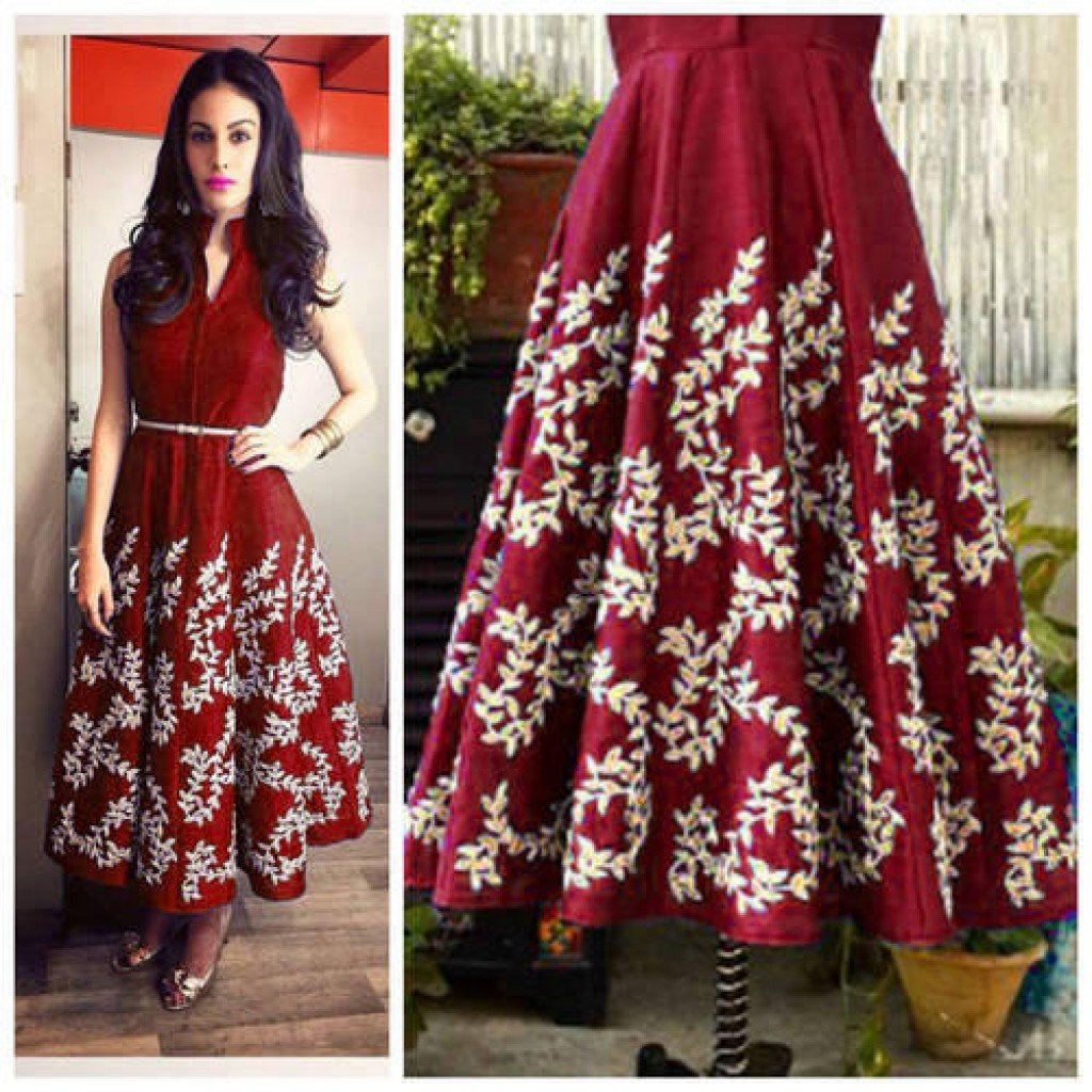 Maroon Stitched Silk Fancy Party Wear Gown