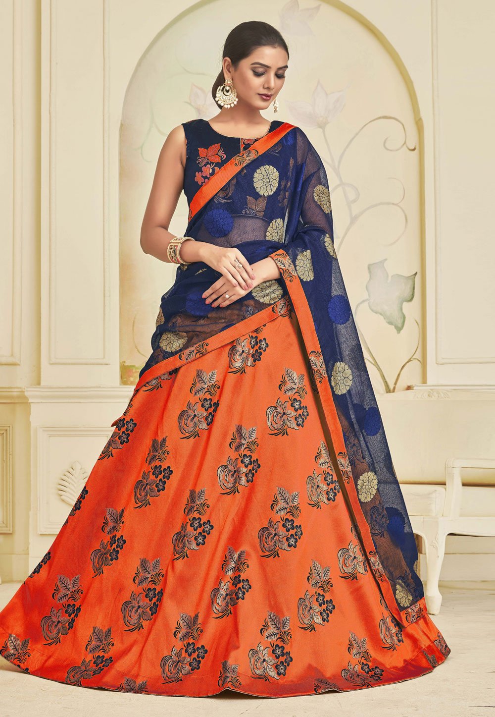 Orange Banarasi A Line Lehenga Choli