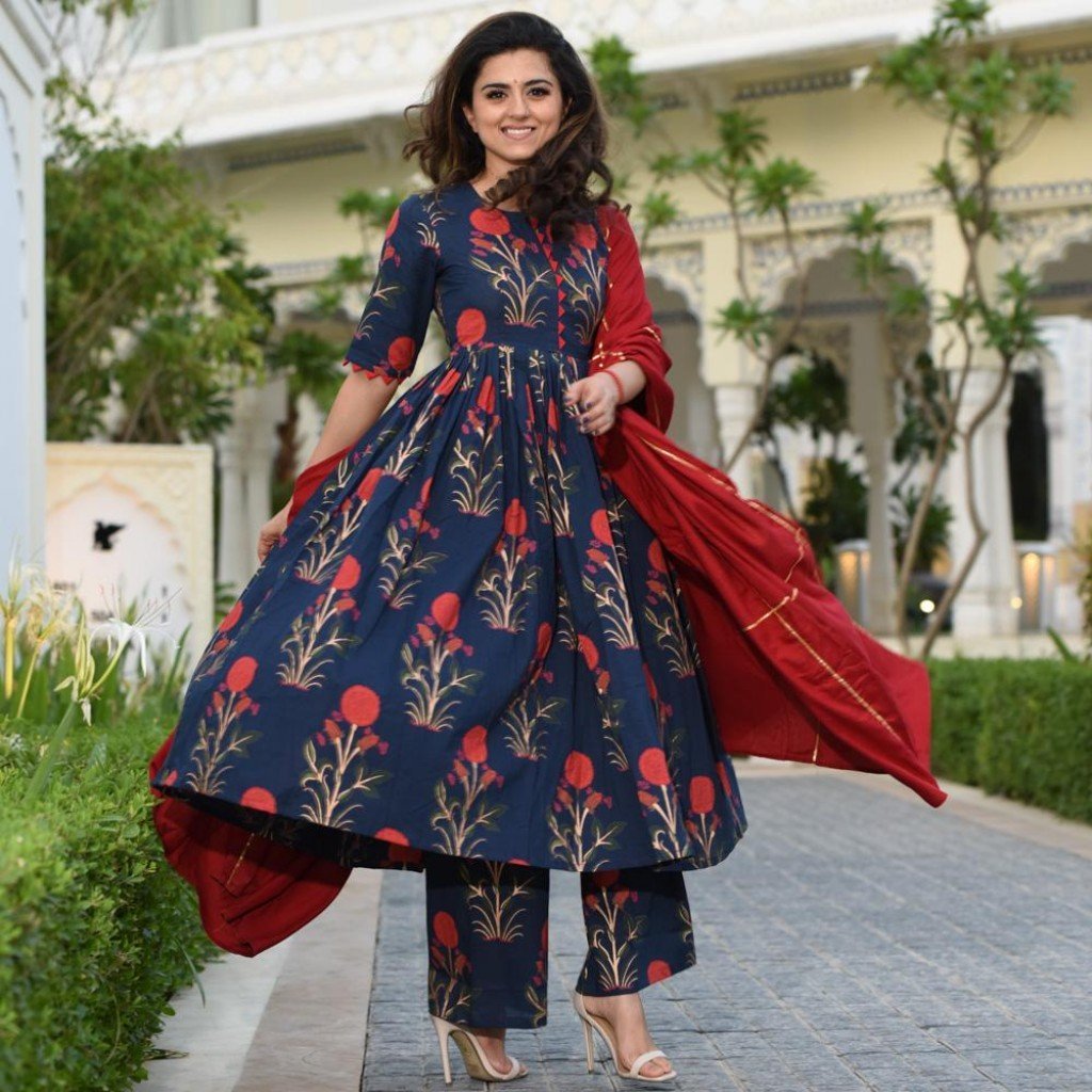 Designer Printed Work Blue Color Palazzo Suit