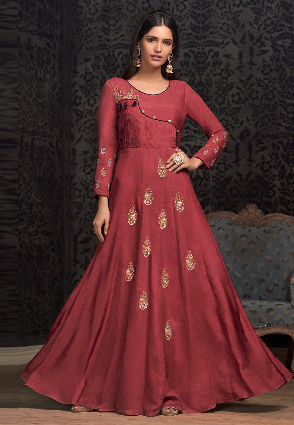 Pink Muslin Readymade Party Wear Gown
