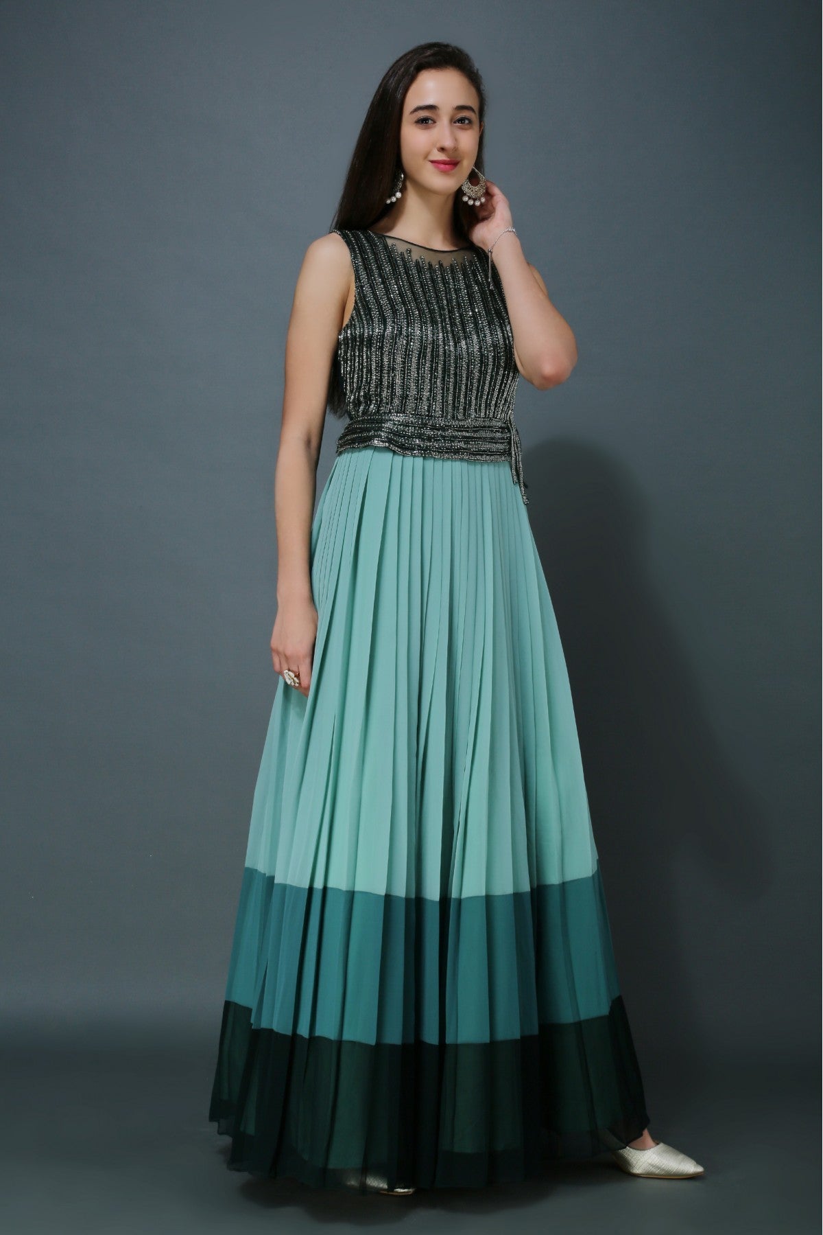 Georgette And Net Stone Work Gown In Green Colour