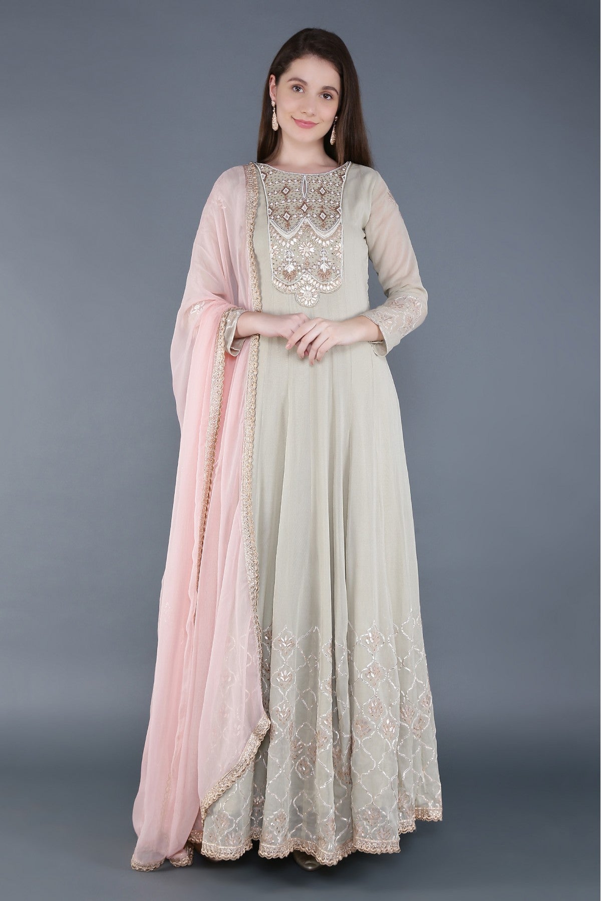 Georgette Zari Work Gown In Pastal Green Colour