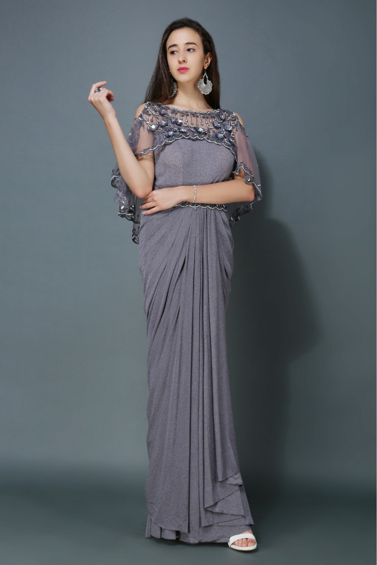 Lycra And Net Sequins Work Gown In Grey Colour