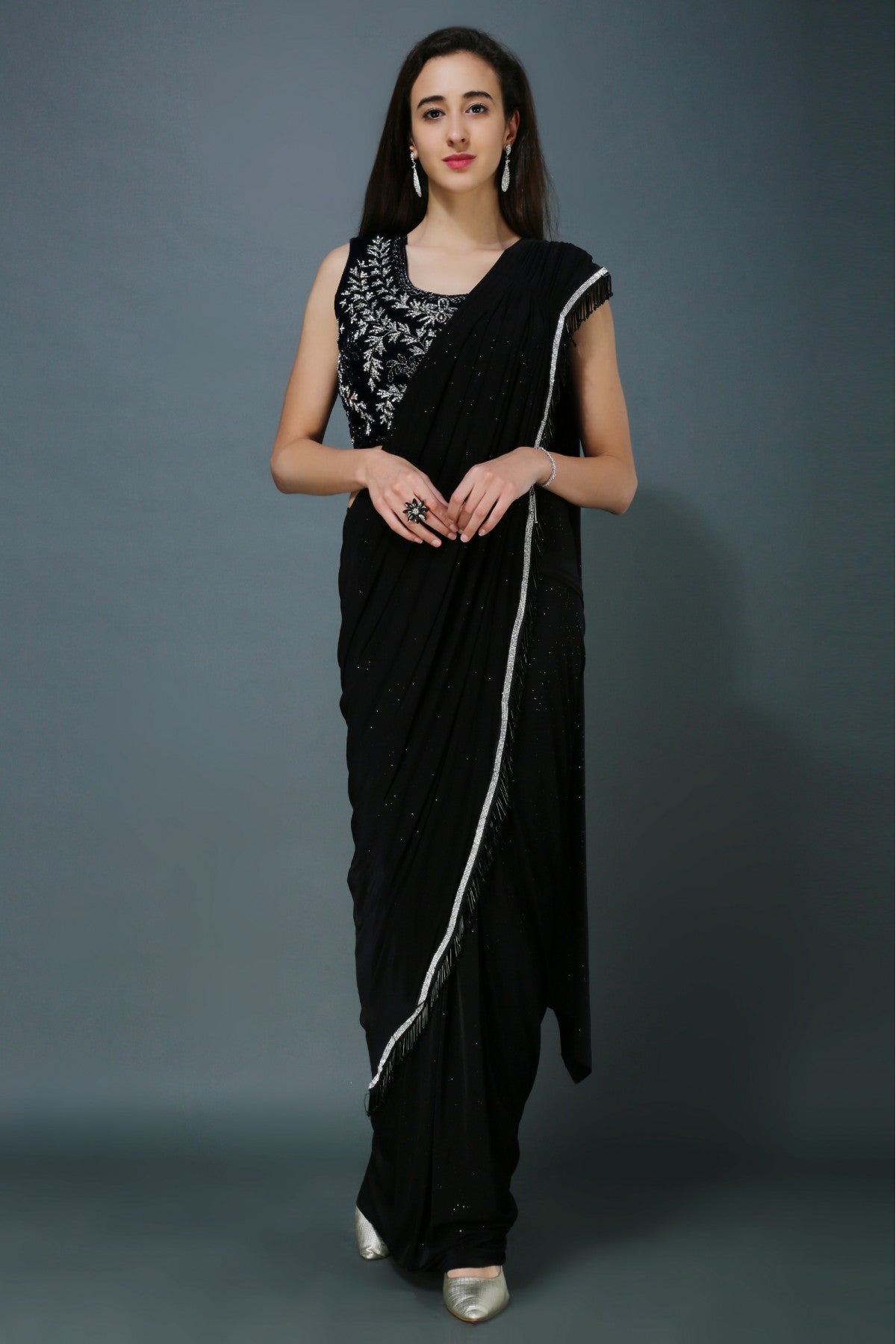 Lycra Stone Work Drape Saree In Black Colour