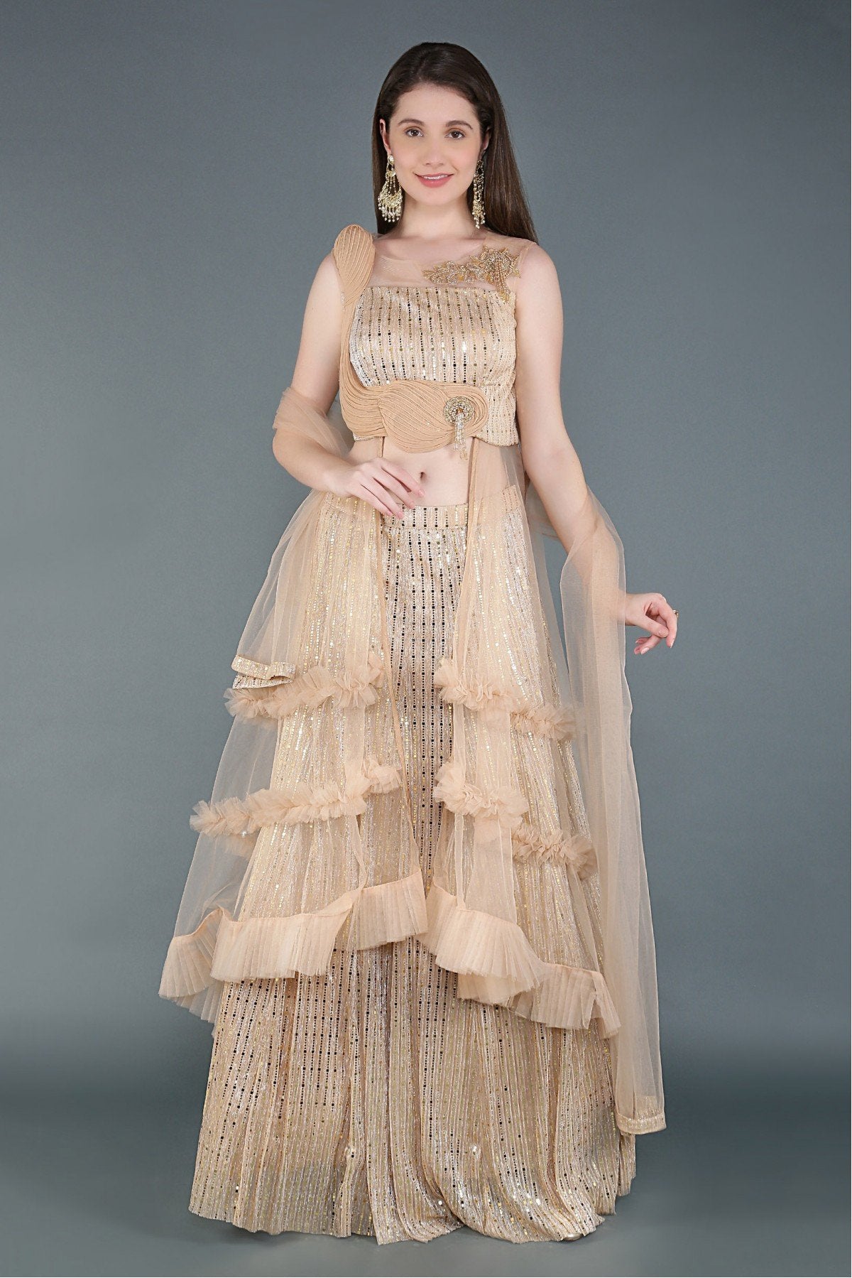 Net Mirror Work Lehenga Choli In Beige Colour
