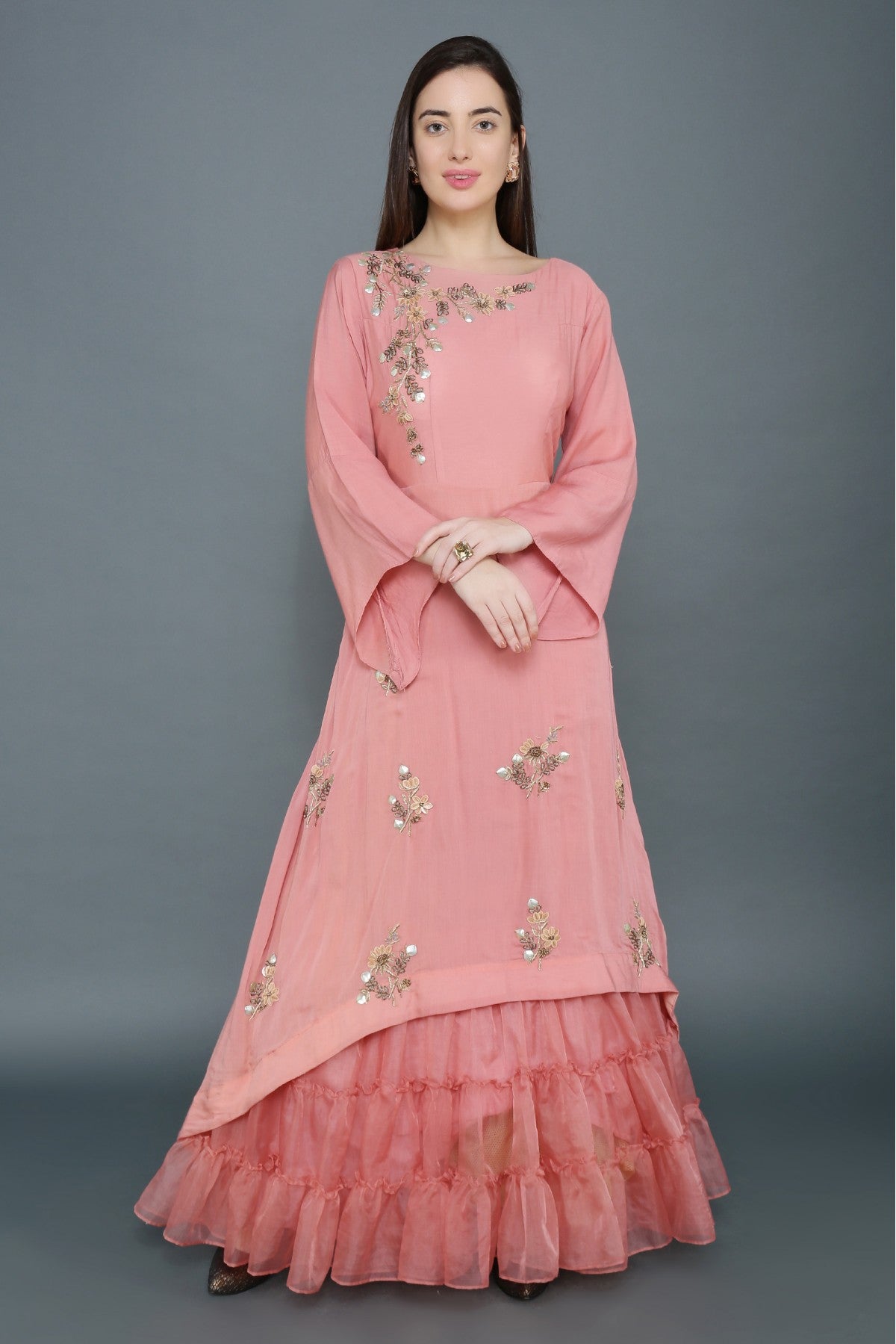 Organza And Silk Sequins Work Kurti In Pink Colour