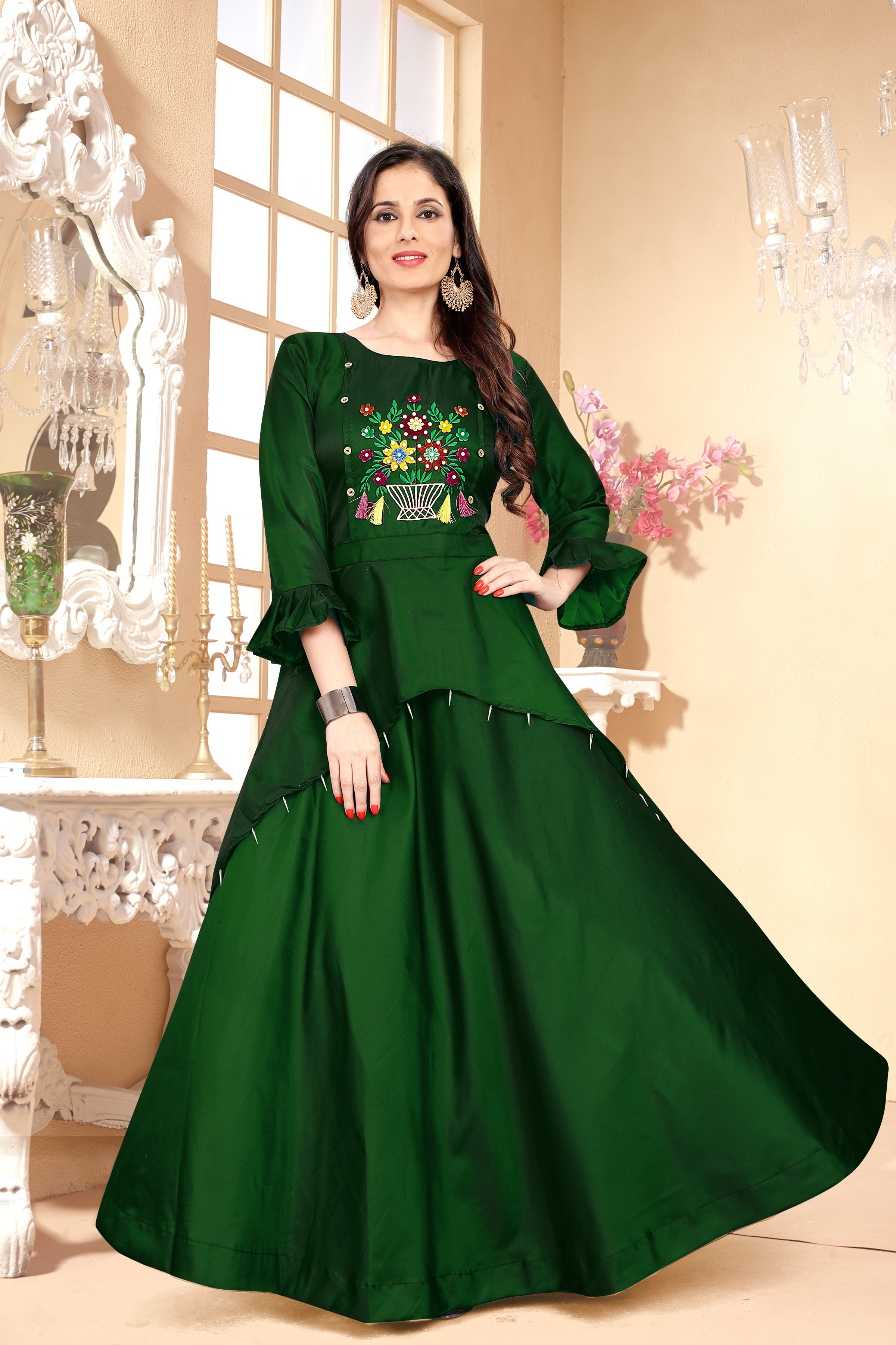 GREEN EMBROIDERED SATIN STITCHED PARTY WEAR GOWN