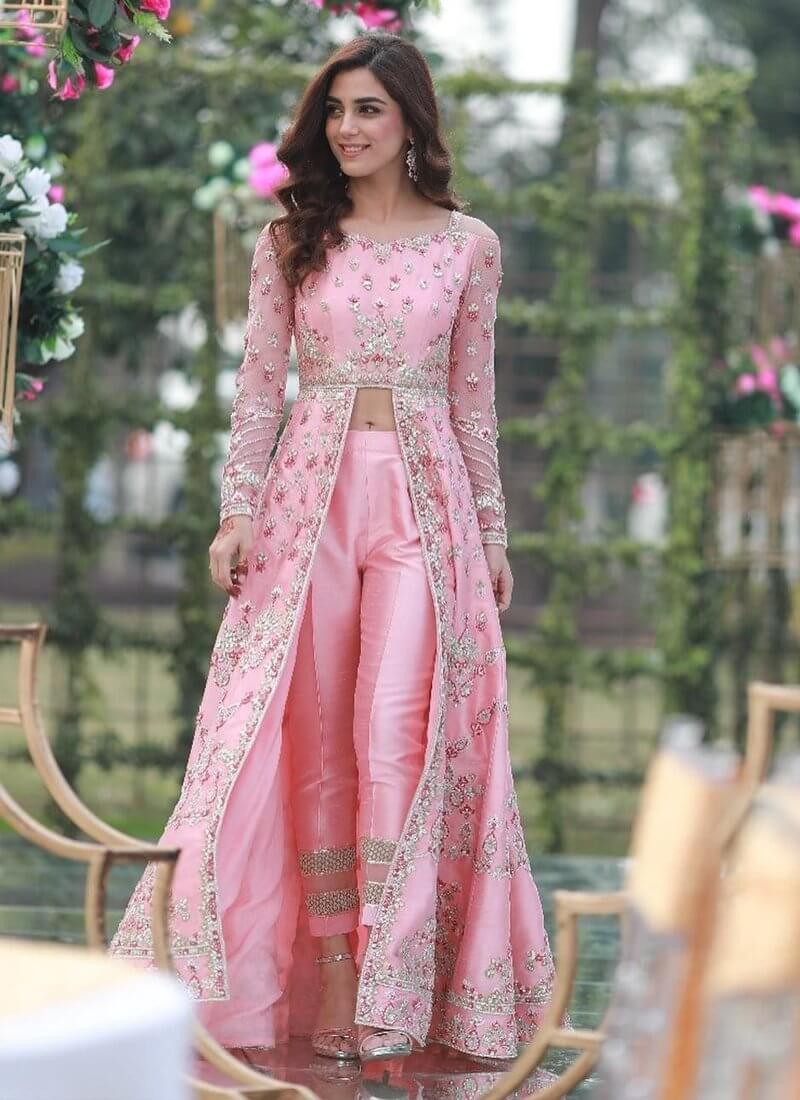 Festive Baby Pink Color Taffeta Silk Base Heavy Embroidery Work Slit Cut Suit