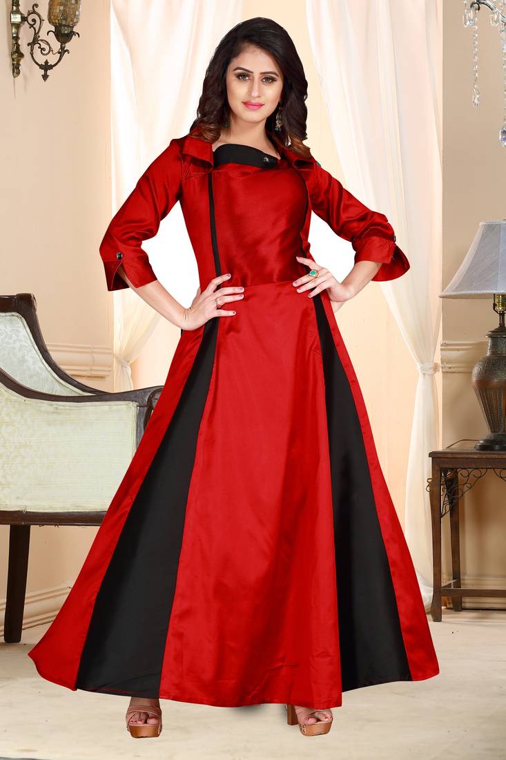 RED EMBROIDERED SATIN PARTY WEAR GOWN
