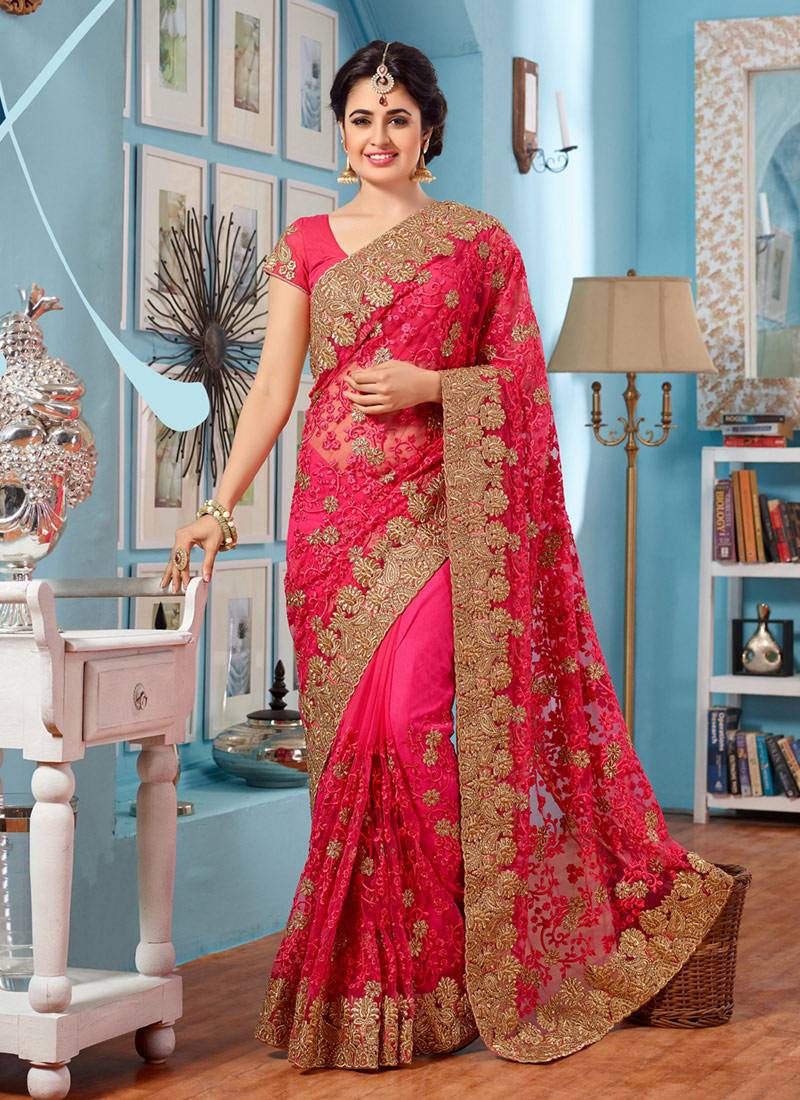 PINK GEORGETTE NET SAREE EMBROIDERED SAREE WITH BLOUSE