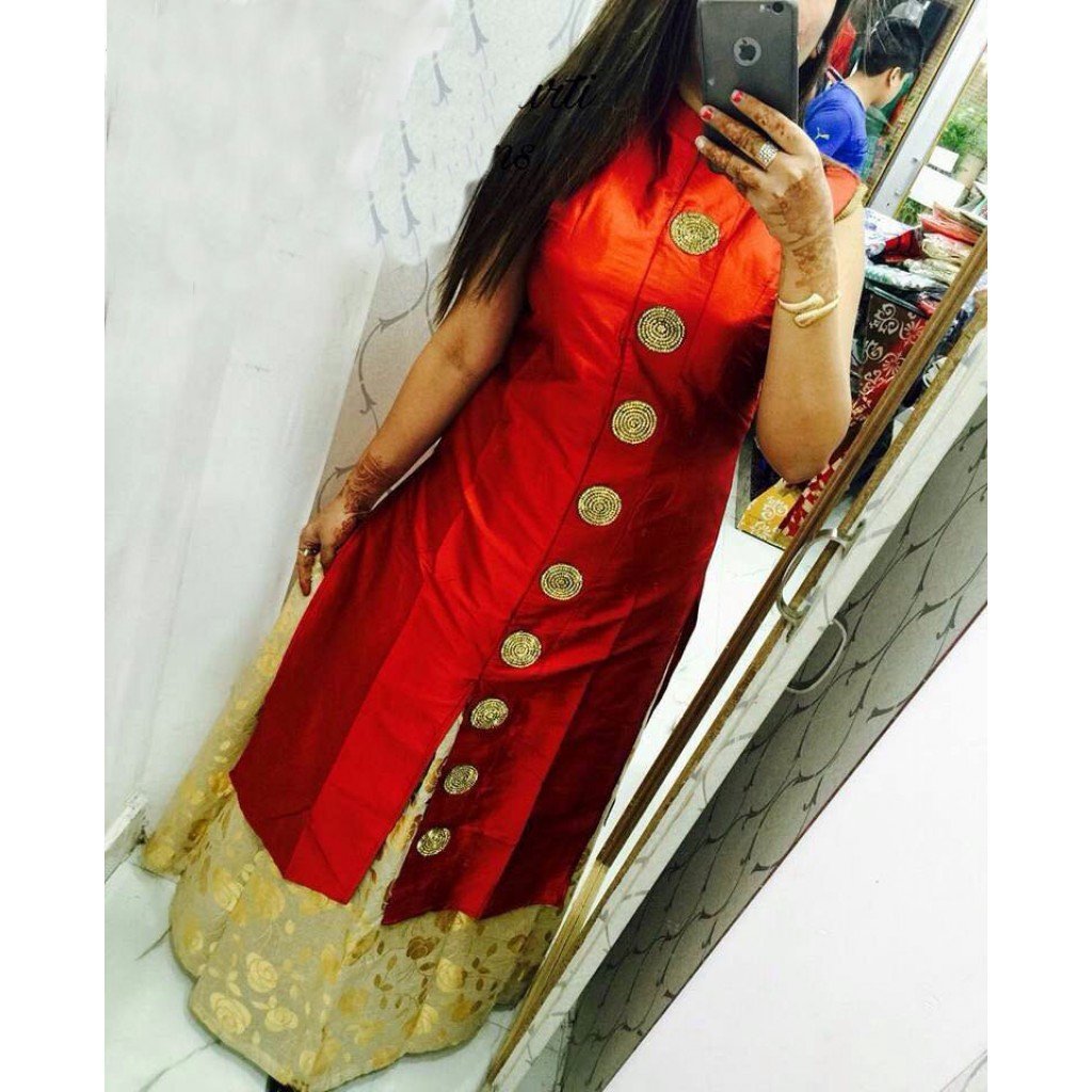 Golden Silk Stitched Kurti Skirt Dress ( Red )