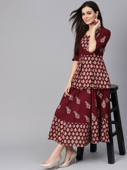 Women Maroon & Grey Block Print Layered A-Line Dress
