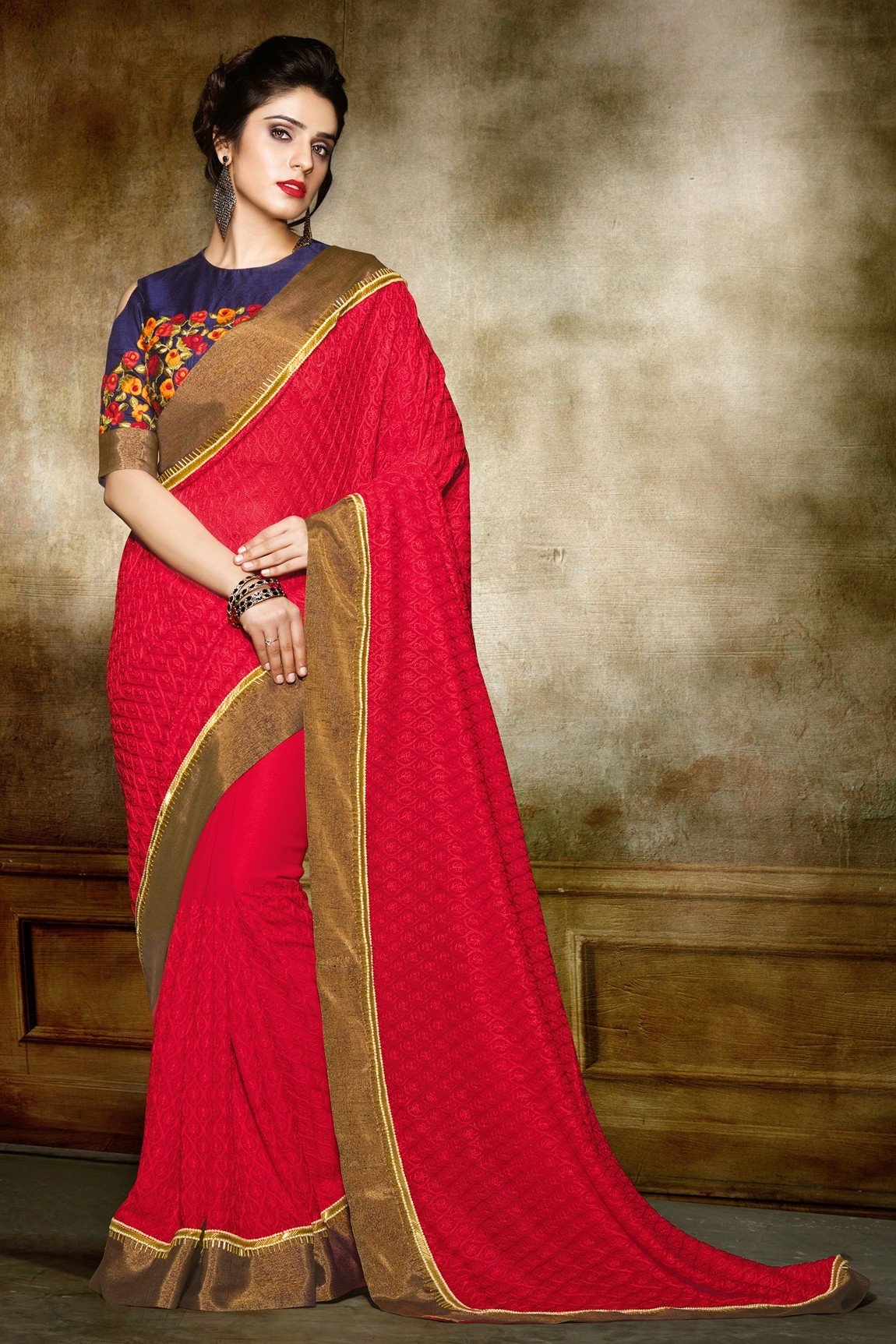 Red Blended Chiffon Saree