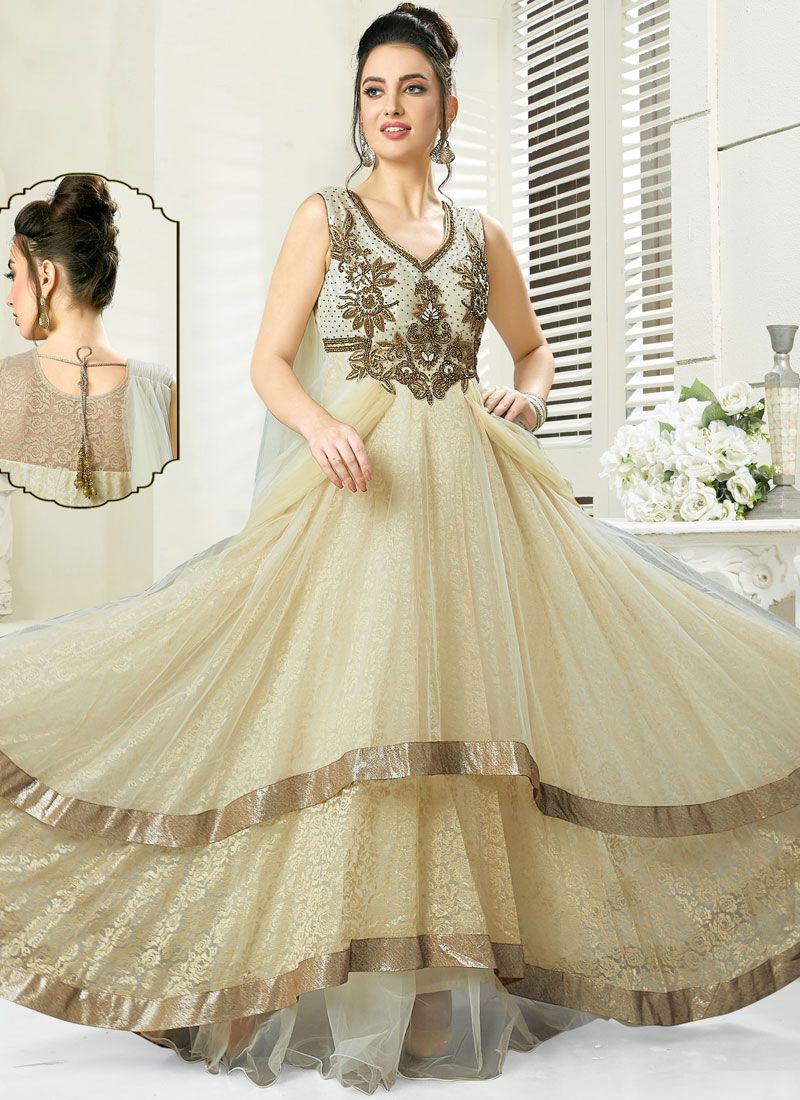 Beige Reception Art Silk Readymade Gown