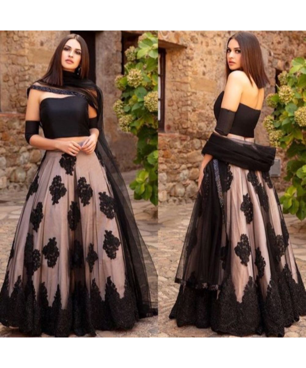 BLACK EMBROIDERED JAPAN SATIN BLOUSE STYLISH LAHENGHA CHOLI