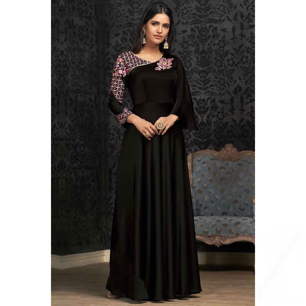 Black Silk Party Wear Gown With Resham Work