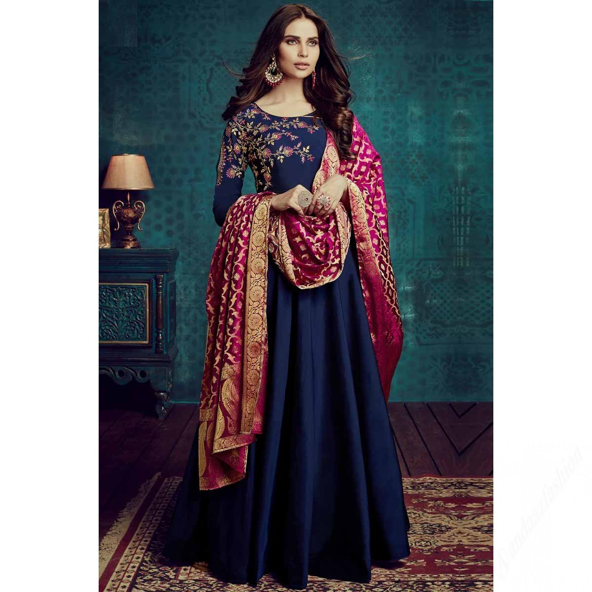 Navy Blue Taffeta Silk Anarkali Suit With Resham Work