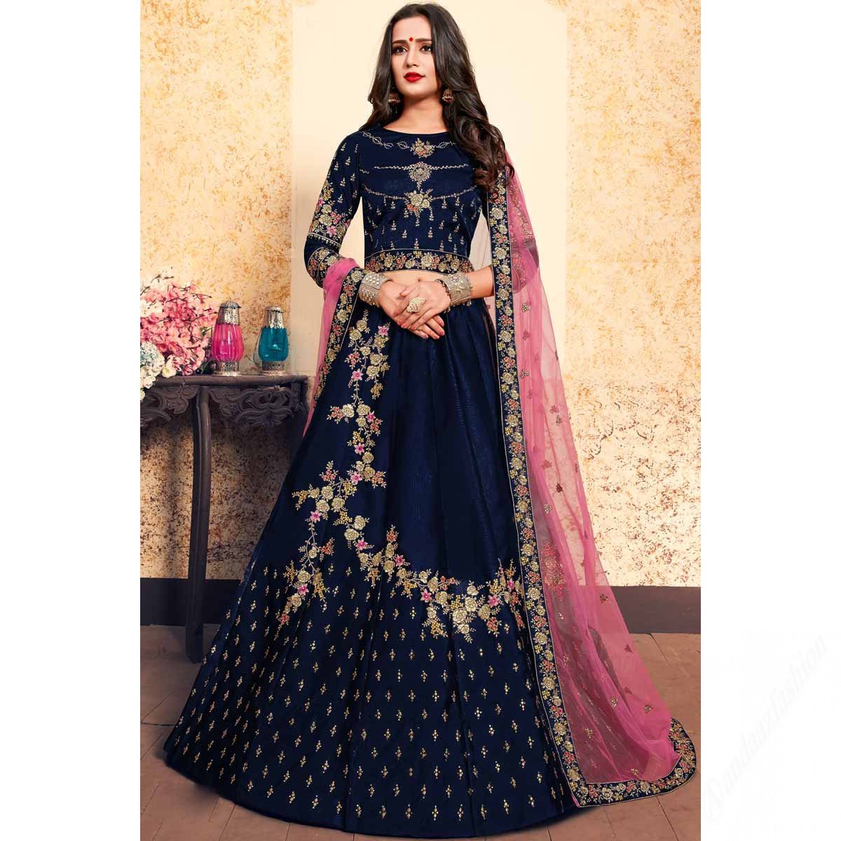 Blue Satin Lehenga With Satin Choli