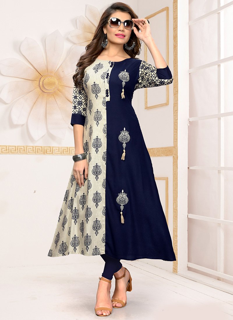 Blue N Off White Printed Kurti