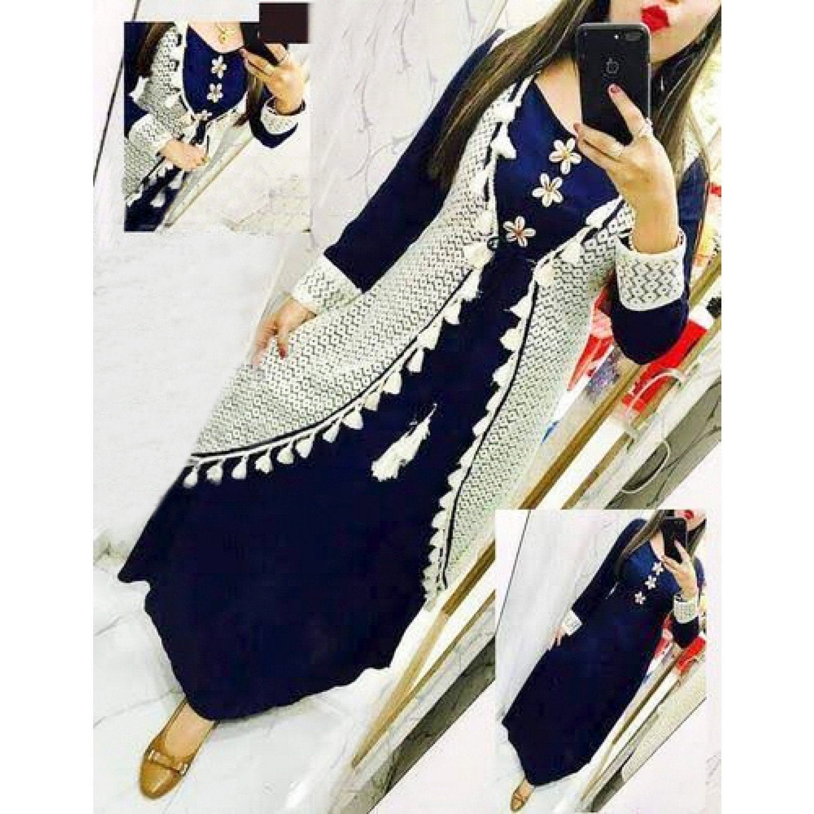 Rayon Tassel Blue Color Long Kurti With White Net Shrug