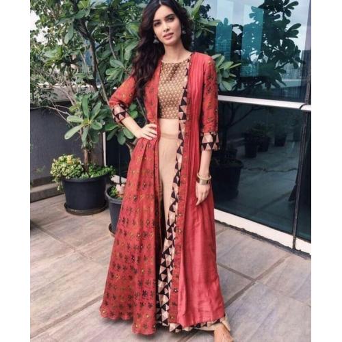 Bollywood style tapeta silk red plazzo suit with shrug