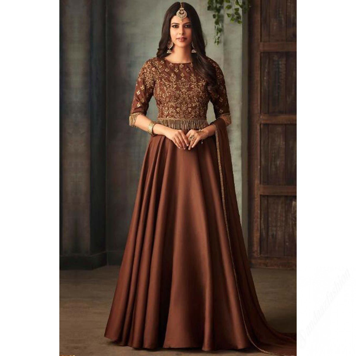 Brown Silk Tassel Work Anarkali Gown
