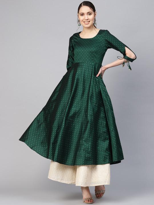 Women Green Woven Design Anarkali Kurta