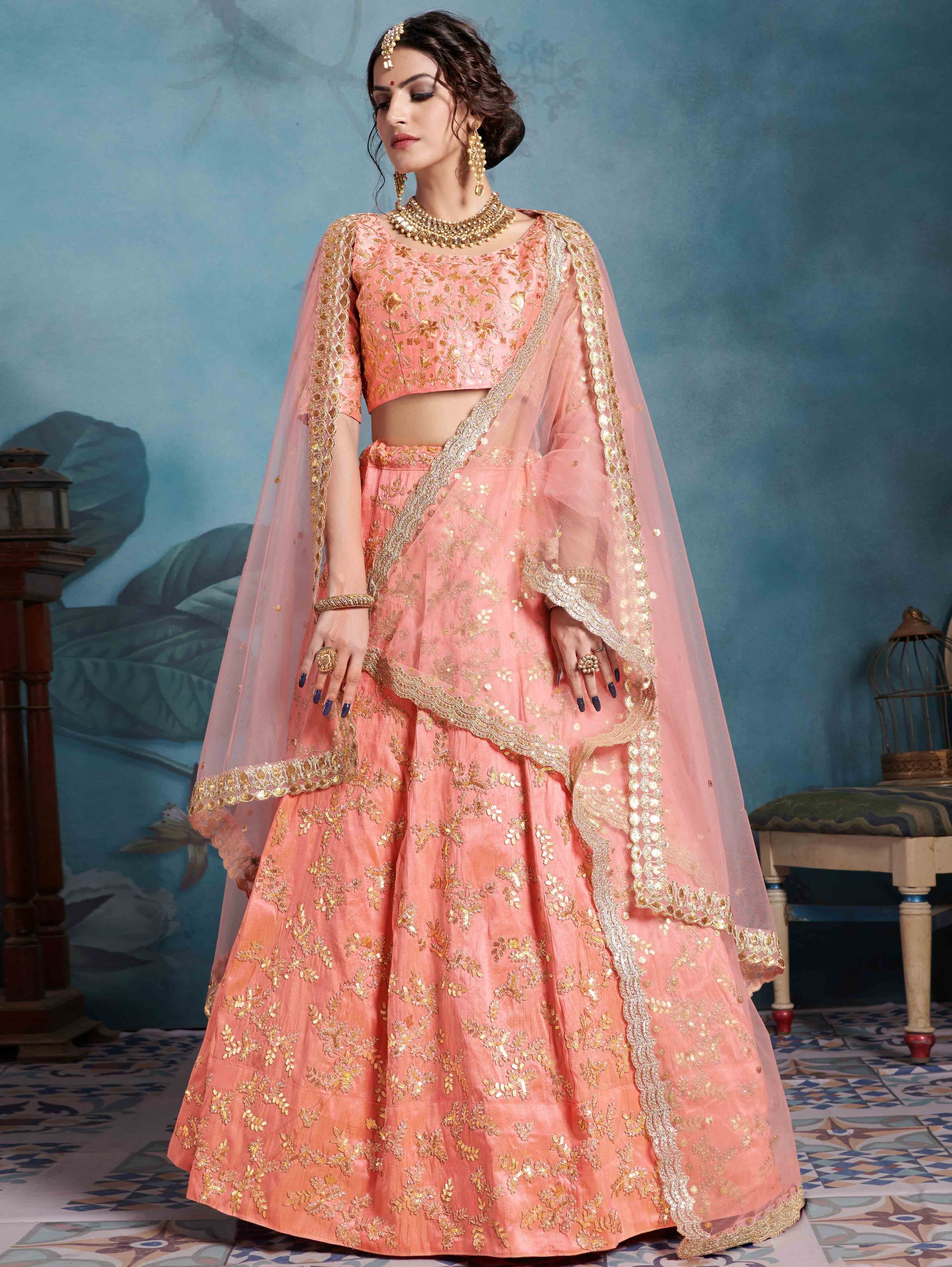 Peach Art Silk Embroidered Lehenga Choli with Double Dupatta