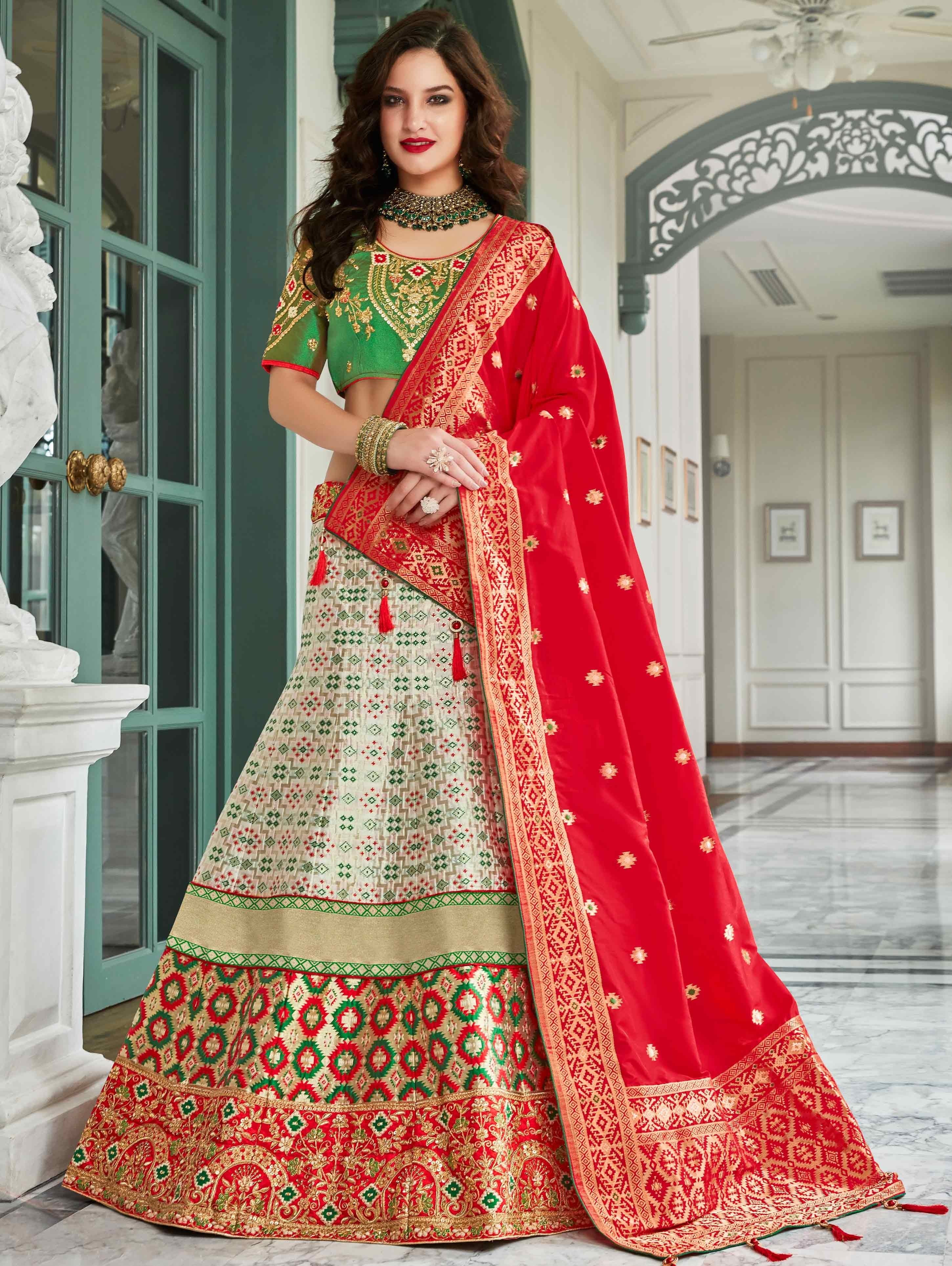 Pearl White and Red Jacquard Silk Woven Lehenga Choli with Banarasi Dupatta