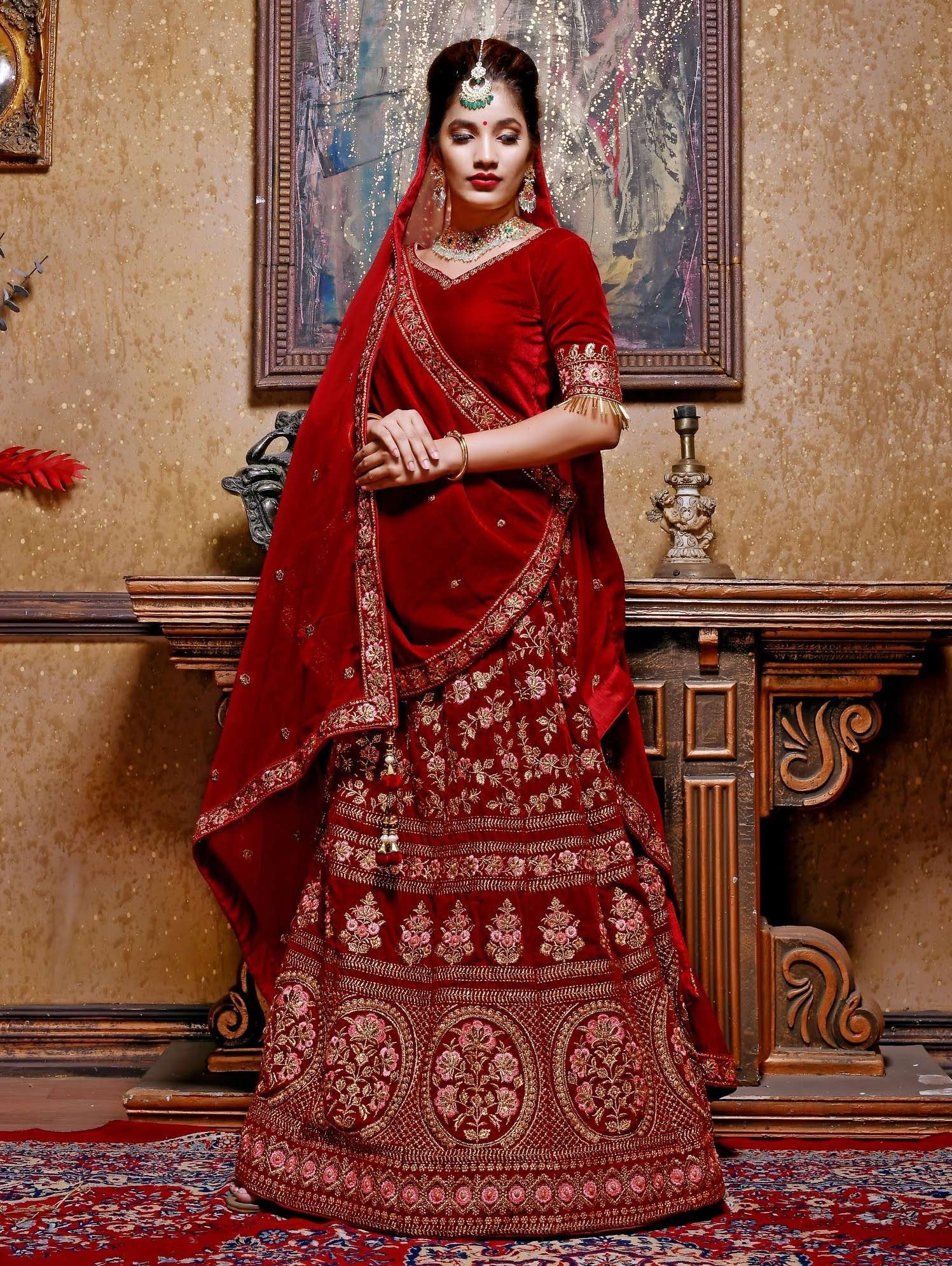 Maroon Velvet Bridal Lehenga Choli with Floral Embroidery