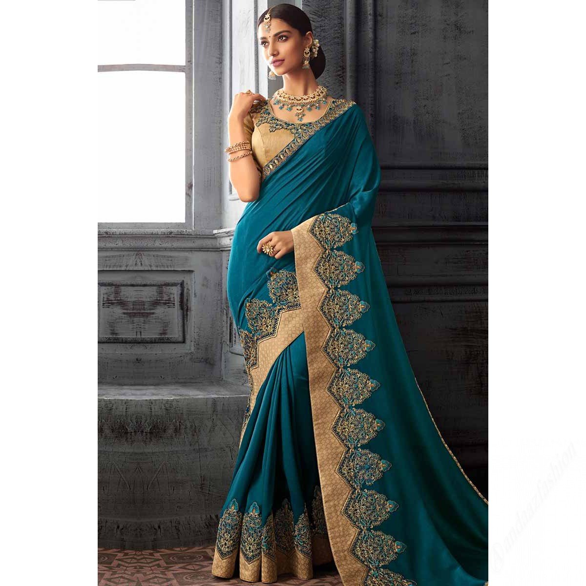 Cerulean Blue Silk Saree With Banglori Silk Blouse