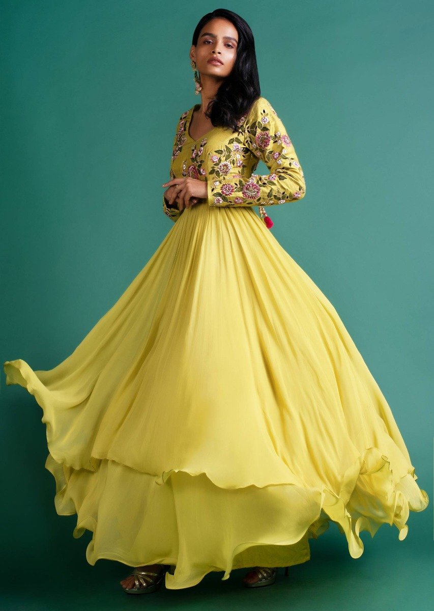 Saiyami Kher in Citrus Green Layered Anarkali In Georgette With A Contrasting Powder Pink Net Dupatta