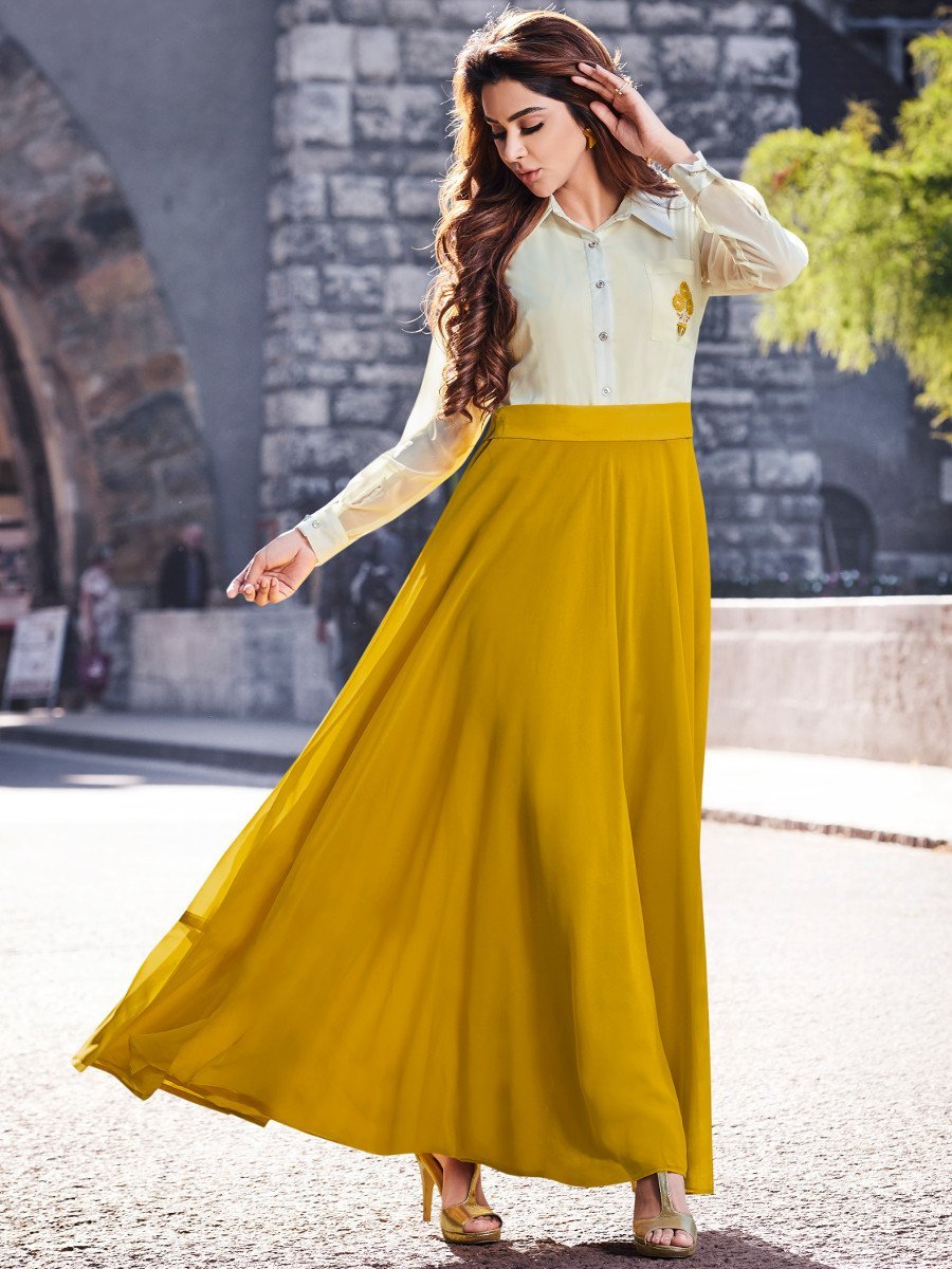 Cream & Yellow Embroidered Collared Neck Kurti