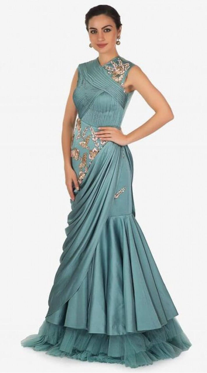 Crepe Silk Dark Sea Green Floor Touch Indo Western Gown