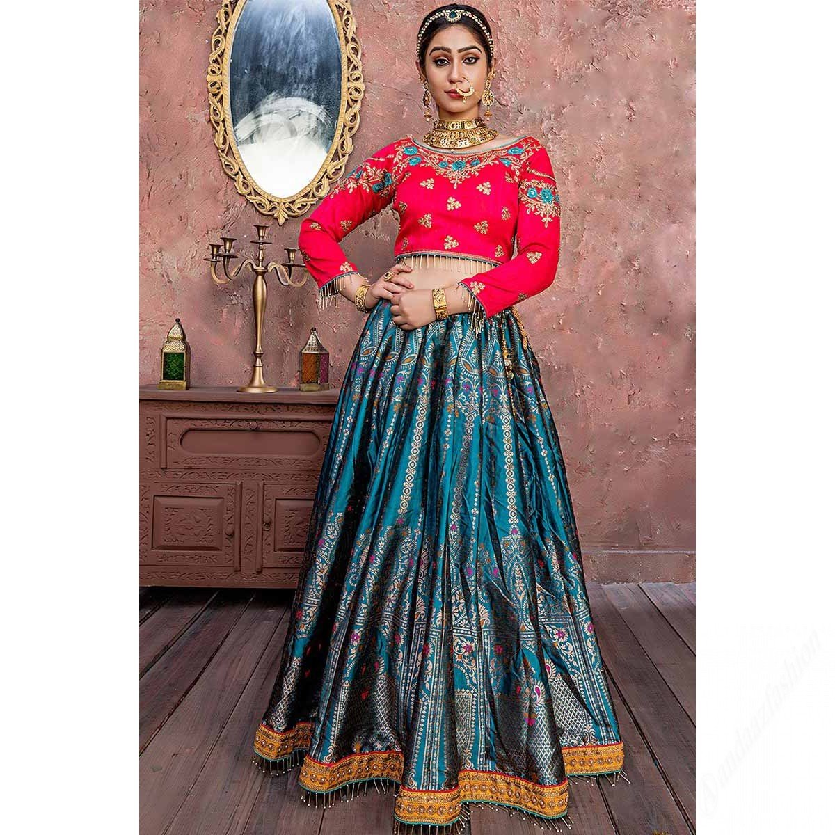 Crimson Red And Peacock Blue Jacquard Silk Lehenga Choli
