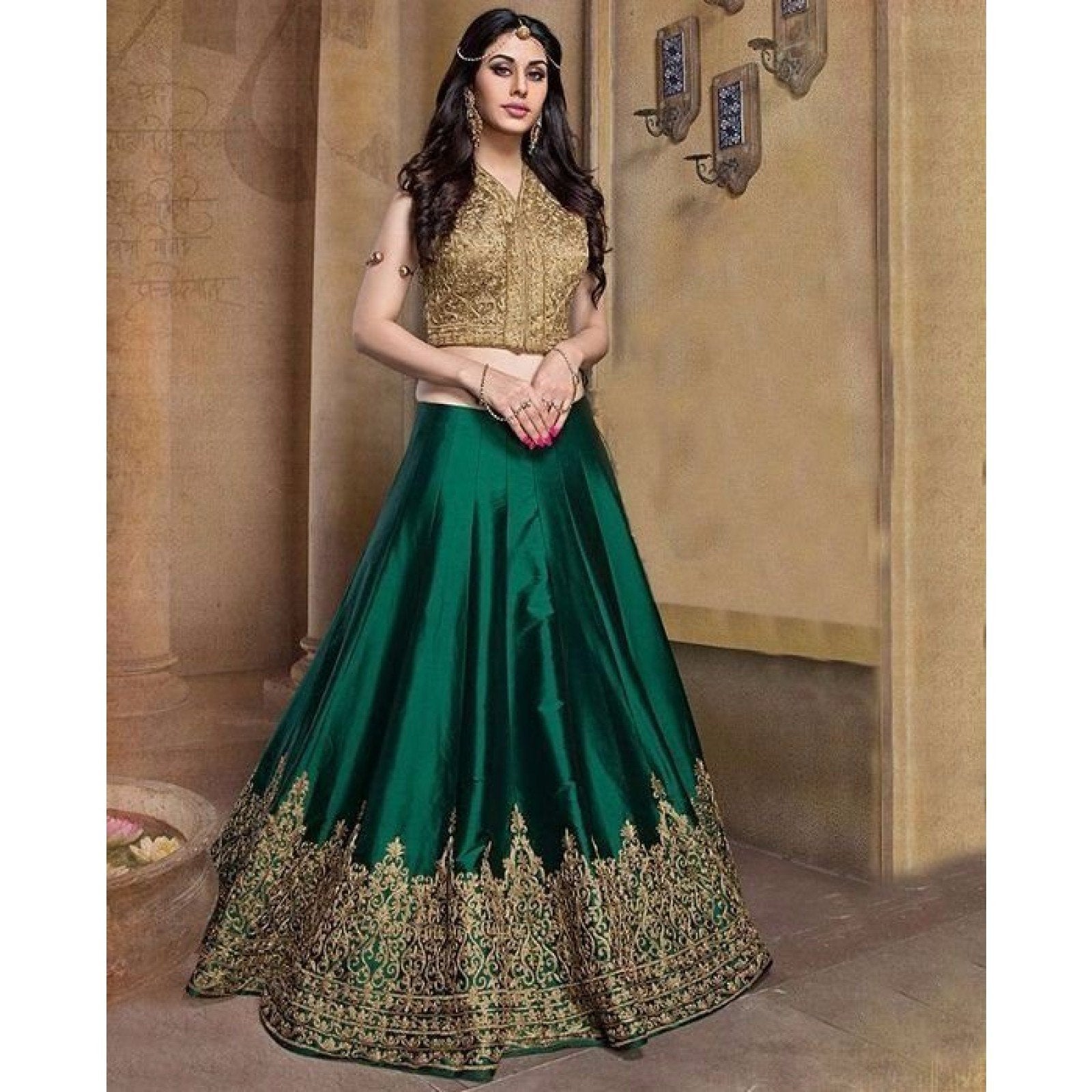 Taffeta Silk Embroidered Semi-Stitched Lehenga Choli Material (Beige & Golden)