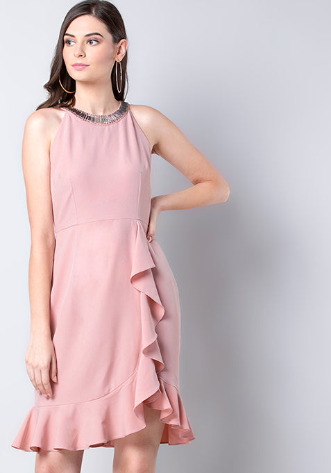 Peach Halter Neck Ruffled Mini Dress