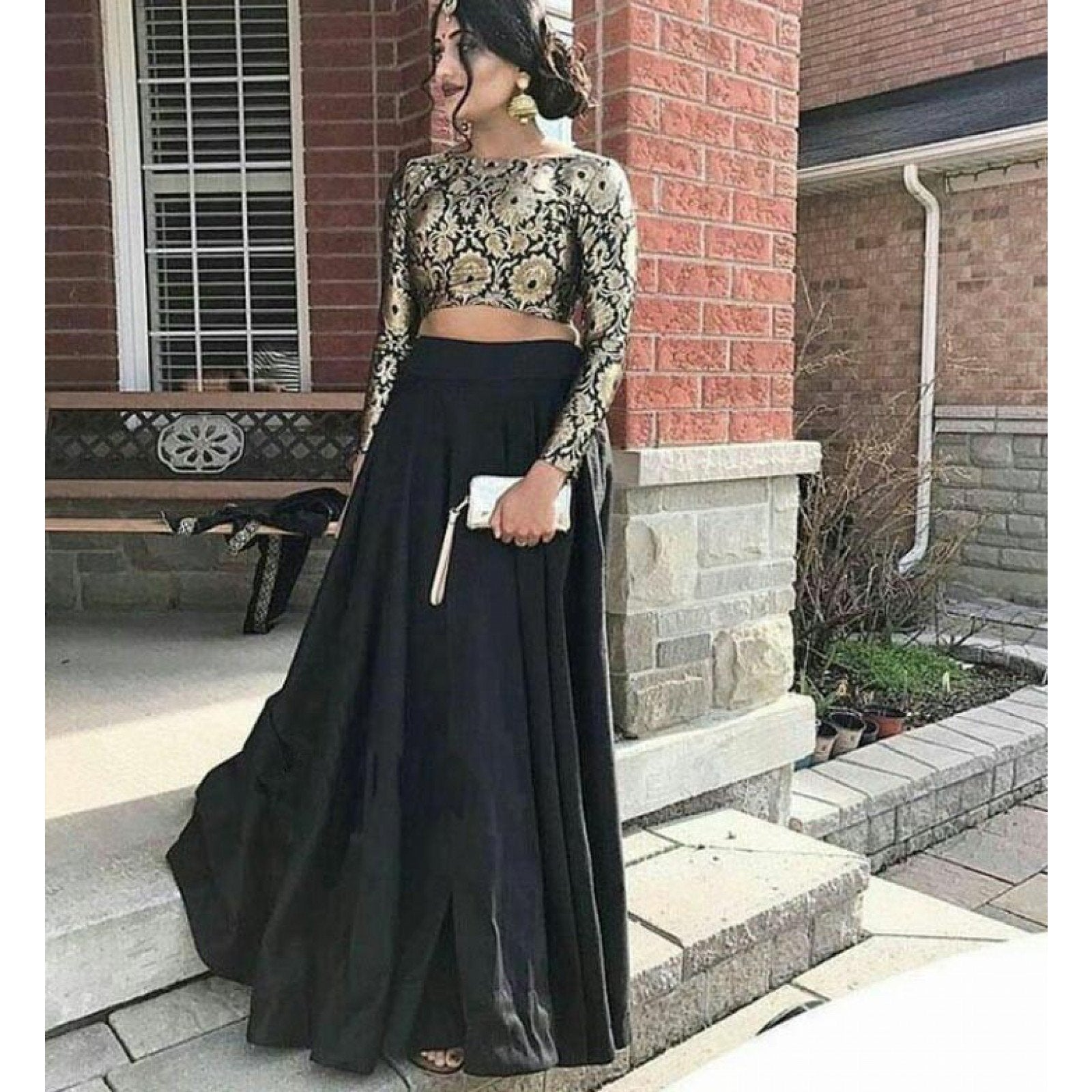 Taffeta Silk Un-Stitched Crop Top Lehenga Choli (Black)
