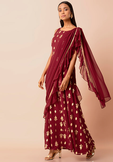 Maroon Foil Tunic with Attached Ruffle Dupatta