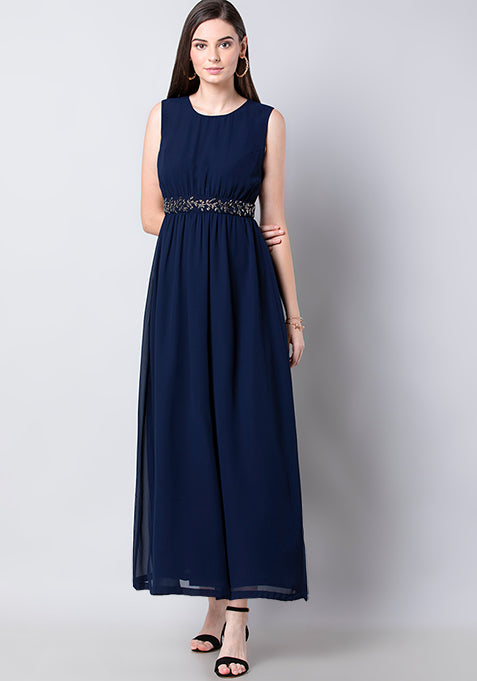 Navy Sleeveless Embellished Maxi Dress