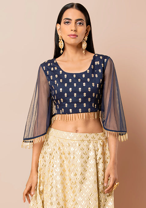 Navy Embroidered Ruffle Sleeve Crop Top