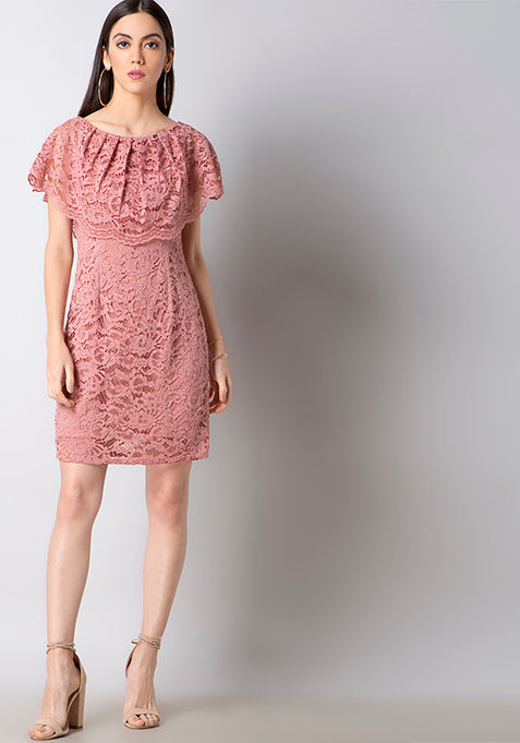 Pink Floral Lace Cape Dress