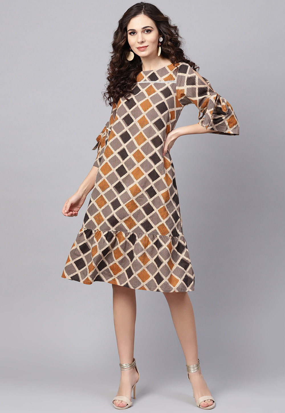 Dabu Printed Cotton Dress in fawn and Mustard