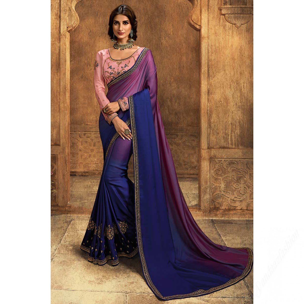 Dark Blue Bhagalpuri Silk Saree With Baby Pink Blouse