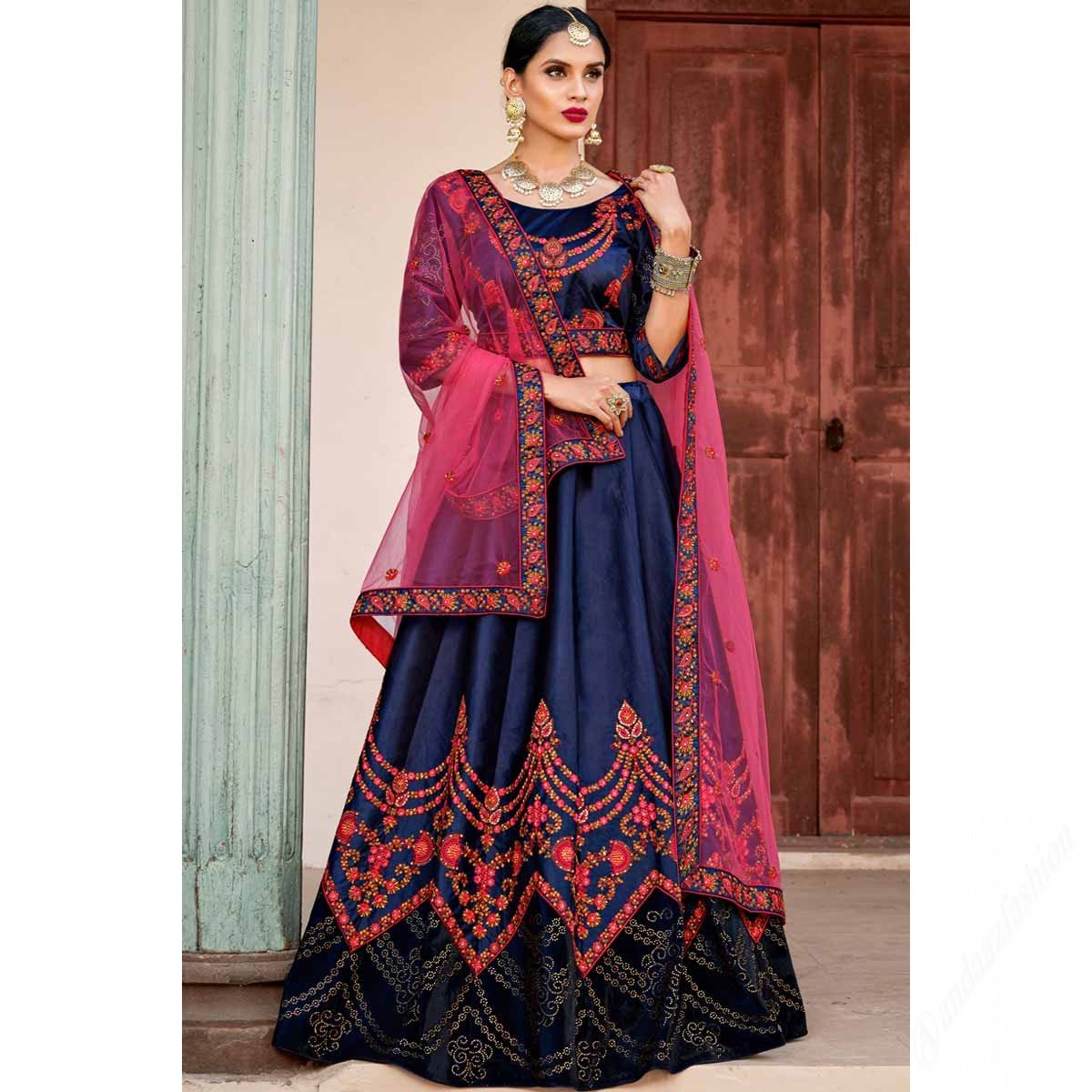 Navy Blue Satin Lehenga With Satin Choli